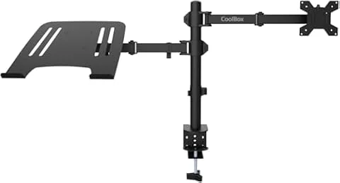 CoolBox MP01 - Soporte Monitor y Portátil, Pantalla hasta 8 kg y 32", Portátiles hasta 17", VESA 75x75 y 100x100, Altura, Inclinación y Giro Ajustables, Bandeja Inclinable. Negro