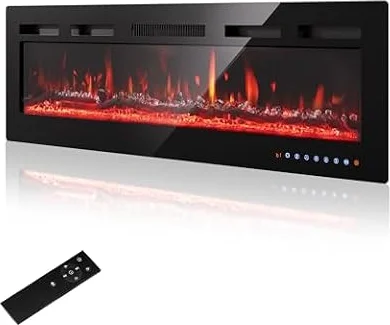 PURFINO Chimenea Eléctrica 50"/127cm – Llama 12 Colores & Crujido, 900W/1800W, Termostato Preciso (15-30°C), Pantalla Táctil & Mando – Ideal para Paredes Multimedia