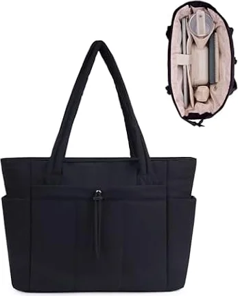 Wandering Nature Bolso Mujer Acolchado Grande, Bolso Shopper Mujer con Compartimento para Portátil 15.6" y Portabotellas 40oz para Negocios Escuela Viajes, Negro(Patente en Trámite)