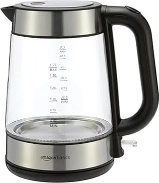 Amazon Basics Hervidor eléctrico de cristal, 1.7 l, 2200W, Negro, Plateado