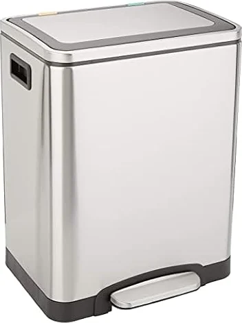 Amazon Basics Bote de basura de 2 x 15 L (30L) con dos compartimentos y pedal de tubo de acero, cierre suave con tapa, para cocina, baño u oficina, rectangular, satinado, Plateado