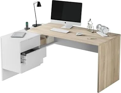 Habitdesign Mesa de Escritorio Reversible con Cajonera, Modelo Office BUC, Mesa de Oficina o Despacho, Modelo Office, Acabado Blanco Artik y Roble Canadian, Medidas: 145x102x73 cm