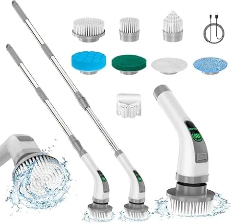 Limpiador Giratorio eléctrico, Cepillo de Limpieza eléctrico 7 en 1, Limpieza Potente de 360 RPM, depurador de baño de 1.5 Horas de Doble Velocidad con Brazo de extensión para Cocina, Coche, Azulejos