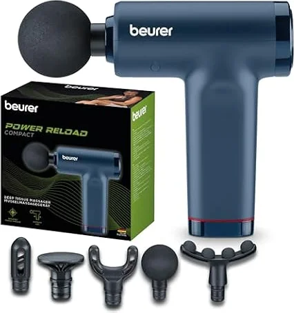 Beurer PowerReload pistola de masaje, masaje de puntos gatillo para relajación y regeneración, potente dispositivo de masaje muscular con 5 cabezales, 5 niveles de intensidad,extremadamente silenciosa