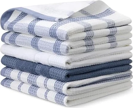 Amazon Basics Paños de Cocina de 100% Algodón Orgánico con Textura de Gofre - Ultraabsorbentes, Secado Rápido, Sin Pelusa, 38 x 64 cm, Pack de 6 (Surtido Azul Marino, Blanco)