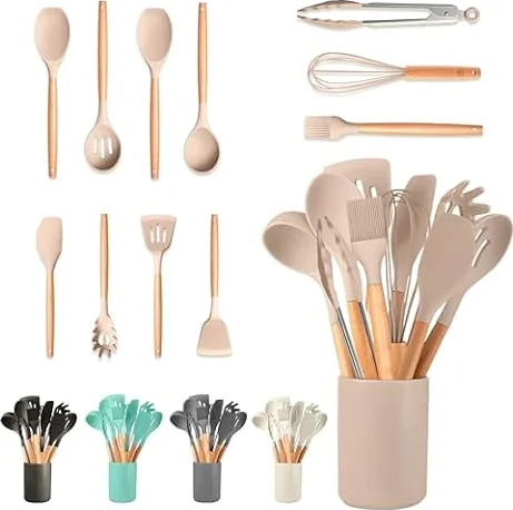 JUPPLIES Juego de Utensilios de Cocina de Silicona 12 Piezas con Mangos de Madera y Soporte Organizador – Set Antiadherente Resistente al Calor – Apto para Todas Las Ollas y Sartenes - Marrón