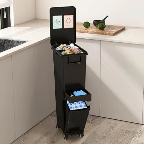 GIANTEX Cubo de Basura Estrecho 3 en 1 con Ruedas, 2 Compartimentos Extraíbles, Cajón Pequeño y Contenedor Inclinable, Bote de Basura con Gancho Laterales, Papelera de Reciclaje de Cocina (Negro)