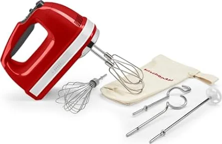 KitchenAid Batidora de Mano 9 Velocidades, Motor DC 85W con Arranque Suave, 6 Accesorios – Batidores, Varilla, Ganchos y Varilla Mezcladora, Cable Giratorio, Funda, Rojo Empire