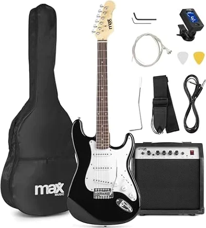MAX GigKit - Pack guitarra eléctrica 4/4 con amplificador de 40W, negro