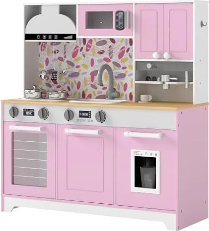 AIYAPLAY Cocina de Juguete de Madera con Cafetera Niños 3-8 Años Rosa