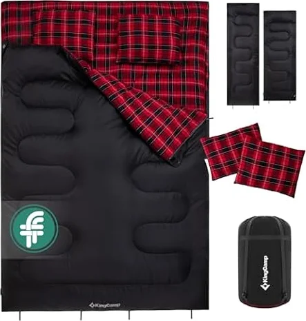 KingCamp Saco de Dormir Doble con 2 Almohadas, Franela de algodón,Nero