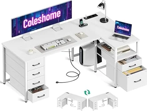 Coleshome Escritorio Esquinero con Cajones de Tela, 140x80cm, Blanco