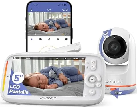 jeeber 2K/3MP WiFi Camara Vigilancia Bebe con App Movil, 5" IPS Pantalla
