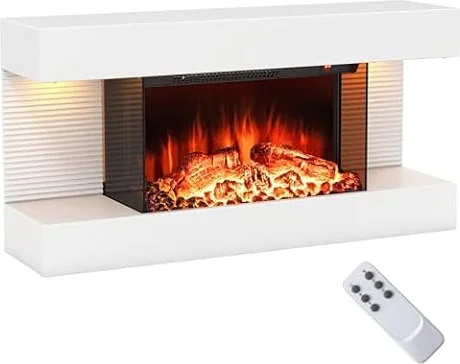 COSTWAY Chimenea Eléctrica de Pared 32″, Chimenea Decorativa 750W/1500W con Estante Flotante, Luces LED, Control Remoto, 12 Colores de Llama, Temporizador de 8H y Protección contra Sobrecalentamiento