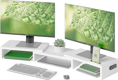 BONTEC Elevador Monitor Escritorio de Madera para Doble Monitors, Longitud y ángulo Ajustables, Soporte Pantalla Ordenador con Soporte para Smartphone, para Ordenador Portátil,Impresora y Monitor