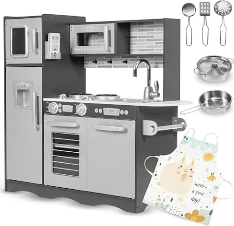 Mamabrum Cocinita de Juguete con LED para Niños - Set Accesorios Cocina Juguetes con Horno, Microondas y 2 Fogones - Comida de Juguete para Cocinita - Gris Natural, 82x60x30cm