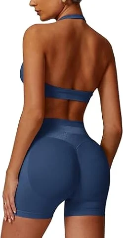 IMEKIS Conjunto de gimnasio para mujer, ropa deportiva para yoga, sujetador con cuello con soporte alto, pantalones cortos de cintura alta, 2 piezas, traje deportivo, ropa deportiva para entrenamiento