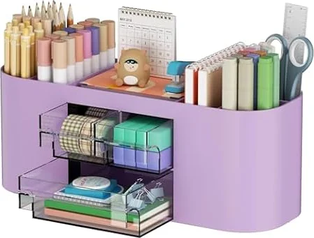 Marbrasse Organizador Escritorio con 3 Cajones,Portalapices Escritorio Multifuncional,Organizador Oficina y Accesorios con 7 Compartimentos para Casa,Escuela,Aula (Morado)