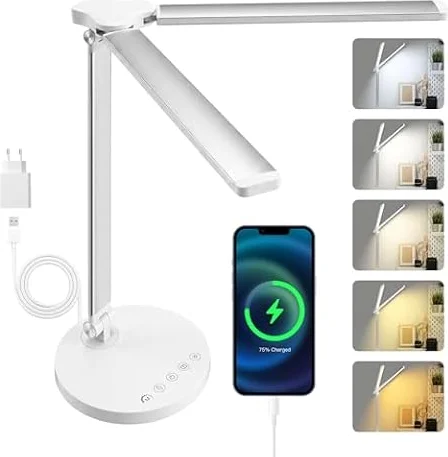 Focenat Lámpara Escritorio LED, Flexo LED Escritorio, Lámpara de Mesa LED, 5 Modos de Color, 10 Niveles de Brillo, Temporizador de 45min, para el Hogar Oficina Dormitorio Lectura