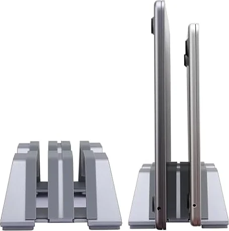 Psitek Soporte Vertical Portátil Doble Ajustable - Aluminio, Soporte para 2 Dispositivos, Adecuado para Todos los Laptop (Ancho Ajustable 10-30 mm) - Diseño de Moda Patentado, Antideslizante