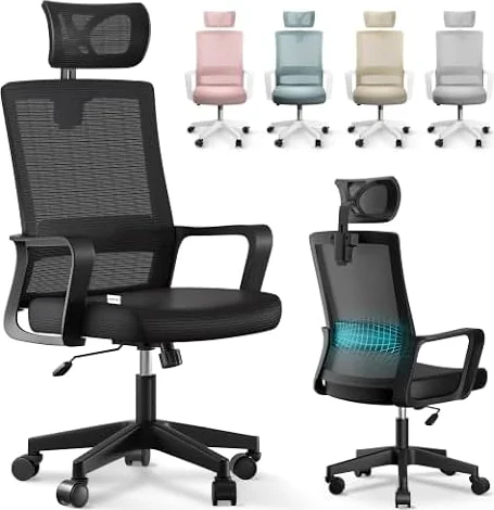 JUPPLIES Silla Escritorio Ergonomica - Silla Oficina Ajustable y Reclinable con Soporte Lumbar, Reposacabezas Ajustable, Malla Transpirable, Ruedas Giratorias 360° Soporta hasta 120kg (Negro)