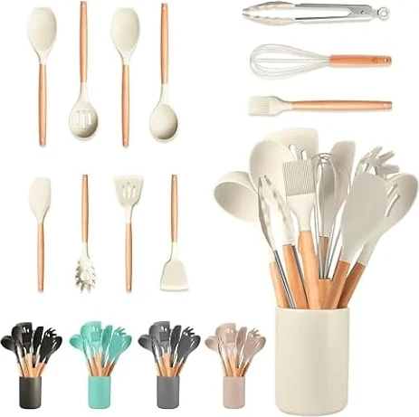 JUPPLIES Juego de Utensilios de Cocina de Silicona 12 Piezas con Mangos de Madera y Soporte Organizador – Set Antiadherente Resistente al Calor – Apto para Todas Las Ollas y Sartenes - Beige