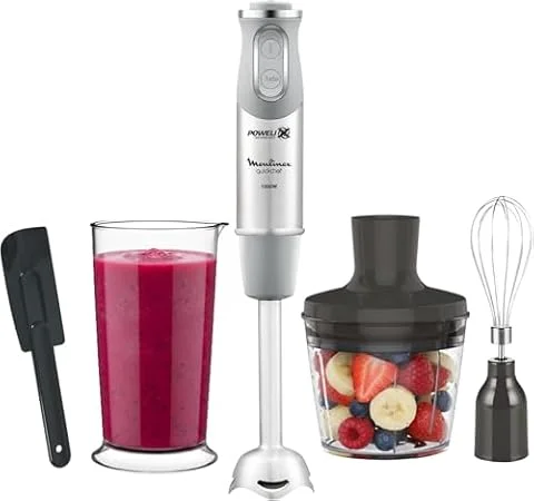 Moulinex Quickchef, Batidora de mano, Potencia de 1000 W, Cuchillas Powelix, 20 velocidades variables y modo turbo, Incluye picadora 500 ml, vaso medidor 800 ml y varillas, Gris, DD655DES