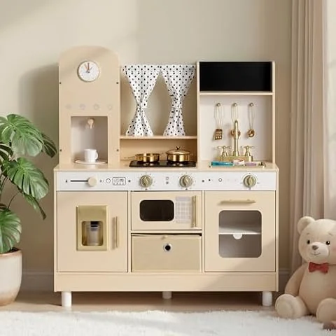 VEVOR Cocina de Juguete para Niños de 3 a 8 Años, Cocinita Infantil de Madera con Luces y Sonidos, Áreas Interactivas, Accesorios, Microondas, Máquina de Hielo, Juego de Cocina con Almacenamiento