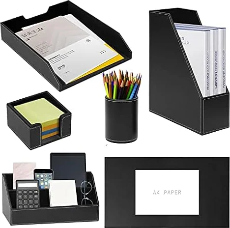 de 6 piezas organizador de escritorio,incluye almohadilla de escritura,bandeja de papel,soporte para revistas,portavasos para bolígrafos,soporte para notas,clasificador de letras,negro