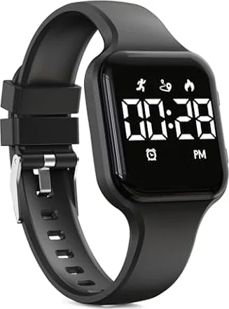 Focwony Reloj digital para niños, podómetro, resistente al agua, rastreador de fitness, reloj de pulsera con podómetro, pantalla LED, cronómetro para niños, niñas, adolescentes (negro)