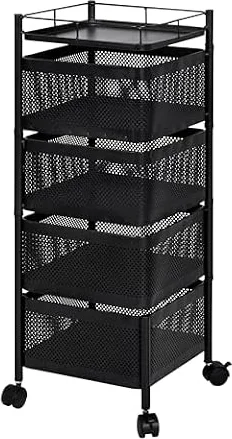 Carro auxiliar metálico con ruedas y cestas plegables ahorra espacio | Carrito cocina verdulero frutero | Estantería organizador de metal gran capacidad y bandeja superior | Estante cocina