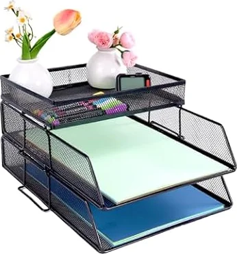 Bandejas de malla de 2 niveles, organizador de archivos de escritorio apilable con soporte superior para artículos de papelería, bandejas de papel para cartas y documentos para oficina, escuela y