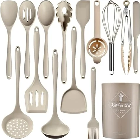 Juego de utensilios de cocina de silicona (15 piezas) con mango de acero inoxidable resistentes al calor y antiadherentes con soporte para utensilios aptos para lavavajillas color Caqui (sin BPA)