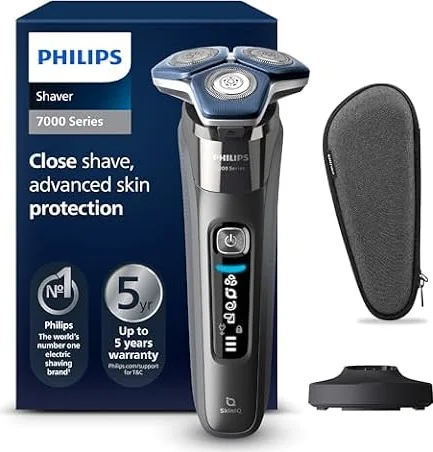 Philips Serie 7000 Afeitadora Eléctrica Hombre, Máquina de Afeitar Barba con Recortadora, 45 cuchillas, Para piel sensible, 60min de uso, En Seco y Húmedo, Recargable, Base Carga, S7887/35, Gris
