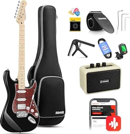 Donner Guitarra Electrica, Pack Guitarra Electrica de Tamaño Completo HSS Pickup Coil Split, Kit Guitarras Eléctricas con Amplificador, Accessories, DST-152B Negro