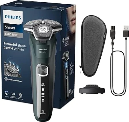 Philips Serie 5000 Afeitadora Eléctrica Hombre, Máquina de Afeitar Barba con Recortadora, 45 cuchillas, Cuida la piel, 60min de uso, En Seco y Húmedo, Recargable, Funda, Base Carga, S5884/35, Verde