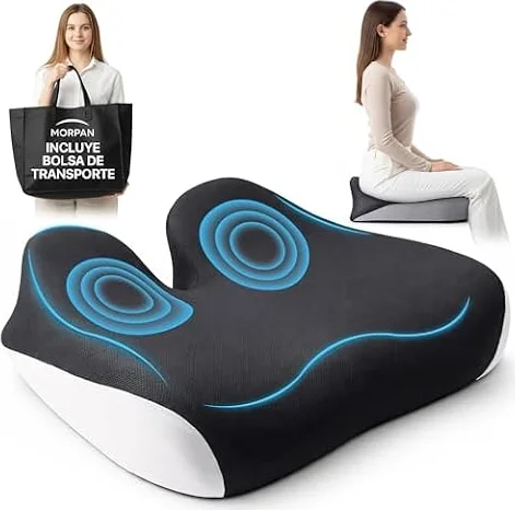 MORPAN Cojin coxis, viscoelastico y ergonomico, cojin Silla Oficina con Funda Lavable y Transpirable, Base Antideslizante y de Regalo QR con videoguias + Bolsa Transporte.Sientate Comodo Cada Dia