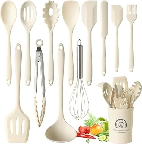 Omtofo 13 Piezas Utensilios de Cocina de Silicona, juego Utensilios de Cocina Resistencia al Calor y Antiadherente, sin BPA, con Cubo para Guardar Utensilios