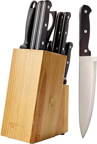 Amazon Basics Juego de Cuchillos de Cocina y Soporte (14 Piezas), Negro