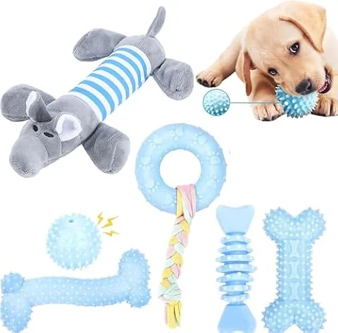 CAMITER 6 juguetes para cachorros, juguetes interactivos de dentición para el aburrimiento, juguetes interactivos suaves y duraderos para cachorros (azul)