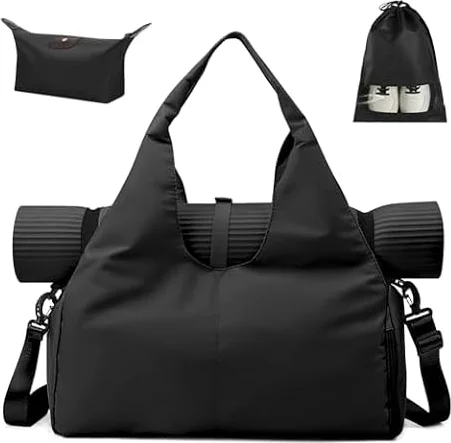 Aucuu Bolsa Deporte Gym, Bolsa de Fitness Deportiva y Yoga con Compartimento para Zapatos Bolsillo Húmedo, Gran Alfombra para Pilates,Bolsillo Laterales Botellas de Agua,Esterilla de Yoga no Incluida