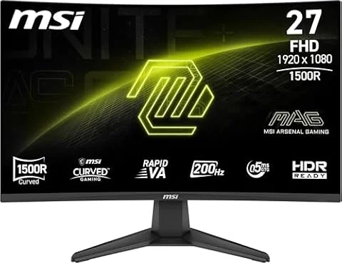MSI mag 276CFA E20 Monitor Gaming de 27" FHD 1500R, 1920 x 1080 Rapid VA, 200 Hz, 0,5 ms, Compatible con HDR, AMD FreeSync™ Premium, Eye-Care, visión AI, HDMI 2.0b, DP 1.2a, Frameless, Negro