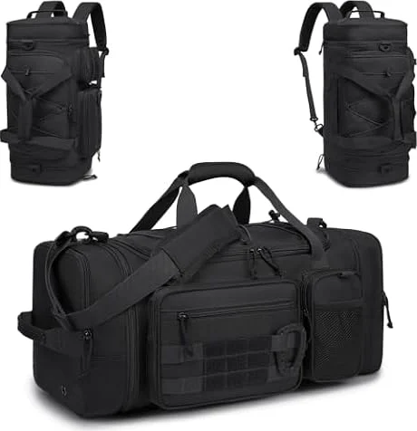 TONRUYN Bolsa Deporte Hombre 40-45 litros Ampliable 3 en 1 Mochila Gimnasio Táctica Militar Bolsa de Viaje con Compartimento para Zapatos para Camping, Fitness, Entrenamiento - Gym Bag Negro