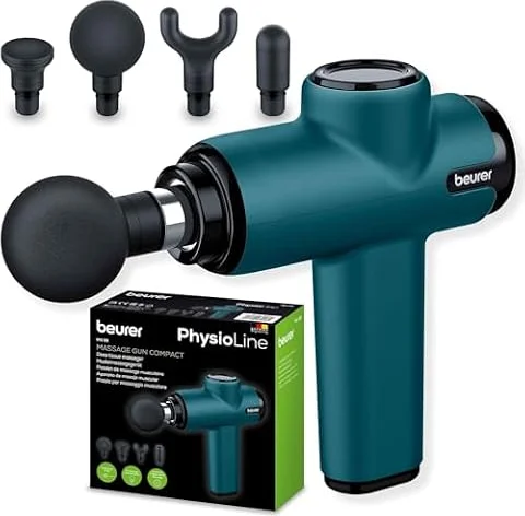 Beurer MG 99 Pistola de masaje musuclar con 4 accesorios, Massage Gun con potente masaje de puntos gatillo, afloja tensiones, masajeador compacto con 5 niveles de intensidad y batería recargable
