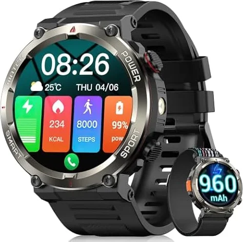Reloj Inteligente Hombre con Llamadas con Linterna y Brújula, 960mAh Batería 1.45" Militar Smartwatch Hombre con,123 Modos Deporte,Monitor Cardíaco 24h/SpO2/Sueño,Podómetro,IP68,2Correas(iOS/Android)