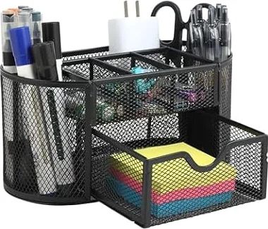 Organizador de escritorio con cajones – Portalapices escritorio negro con cajón y vaso para bolígrafos, ideal para oficina, organizador escritorio compacto y ordenado