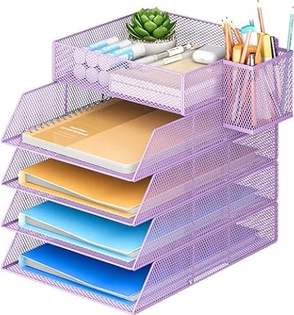 VITVITI Bandeja Apilable de 5 Niveles para Oficina, Organizador de Papeles para Escritorio, Bandejas para Archivos, Accesorios para Escritorio de Oficina con Soporte para Bolígrafos - Morado