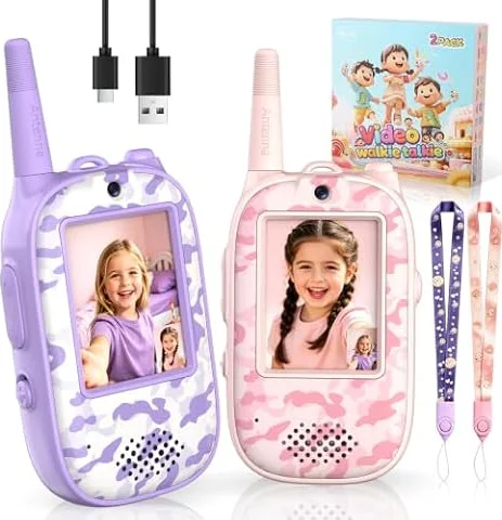 JUAUO Walkie Talkie Niños Recargable con Vídeo, Regalo para Niñas 3 4 5 6 7 8 años, Juguetes Niños y Niñas 3‑10 Años, Regalo de Cumpleaños, Juegos Exterior niños y Camping, Rosa Violeta