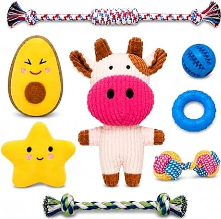 WOOF&MIAU® Pack 8 Juguetes para Perros | Juguetes para Perros pequeños | Juguetes para Cachorros | Juguetes interactivos para Perros pequeños| Peluches, Cuerdas, Mordedor y Pelota Rellenable