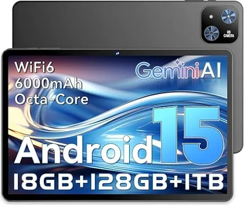 Tablet 10 Pulgadas Android 15 Negro, 6GB RAM (hasta 18GB con expansión) 128GB, Octa-Core T30, Pantalla IPS 1280x800, Batería 6000mAh, WiFi Dual, GPS, Desbloqueo Facial, Bluetooth, USB-C, TF hasta 1TB